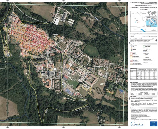 Figure 6: Part of the emergency organization map of Amatrice. Destroyed buildings and roads are marked in red, severe damage in orange, light damage in yellow. More organizing areas, tents, food distribution center, etc. are marked.