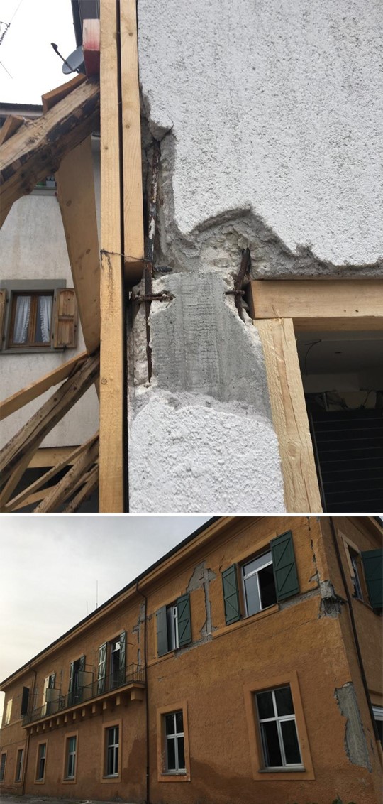 Photo 29a,b: Examples of node failures due to non-pulling details in skeletal residential buildings in Amtrich. In the lower picture, greater damage in the long direction: east-west, 26/10/16 Photo: Yaron Ofir
