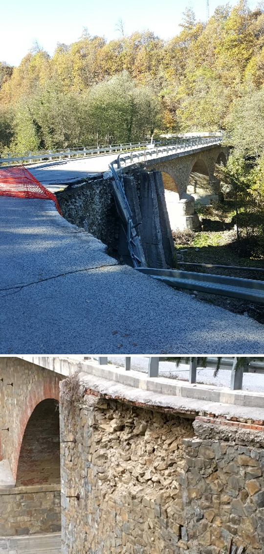 Photo 6a (top): View from the west of the approach road to an old arch bridge damaged by earthquake I on the southern access road to Amatrice. The bridge is blocked. A bypass was established, 10/26/16 Photo: Yaron Ofir