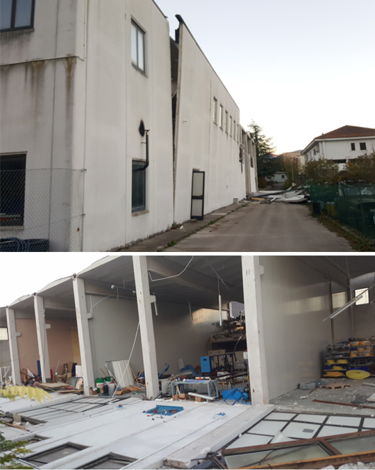 Photo 37: Failures in prefab industrial buildings: partial failure of the upper part of prefabricated wall panels (above), complete failure of panels (below), 01/11/16 Photo: Alex Shohat
