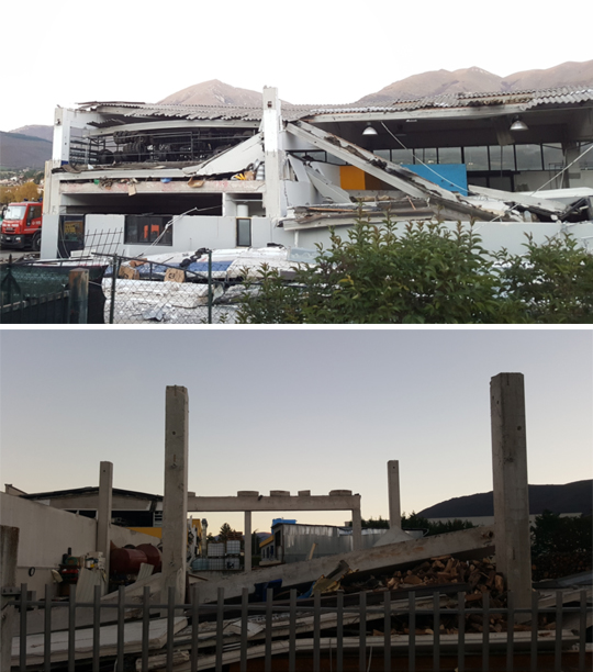 Photo 38: Failures in prefab industrial buildings: (above) the failure of roof prefab panels, due to lack of topping and sufficient connection details. (Below) Dropping of precast beams and beams, 01/11/16 Photo: Alex Shohat